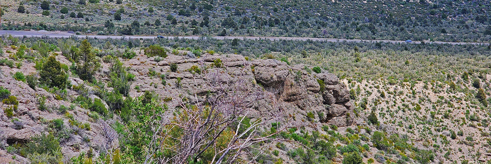 Looping Now Above The Escarpment Cliffs. Kyle Canyon Road Background. | Escarpment Trail | Mt Charleston Wilderness | Spring Mountains, Nevada