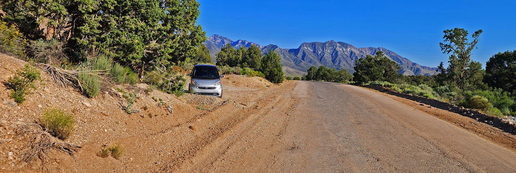 Arrival at Start/End Point on Lovell Canyon Road at North Base of Landmark Bluff. Potosi Mt. View. | Mt Wilson to Hidden Peak | Upper Crest Ridgeline | Rainbow Mountain Wilderness, Nevada