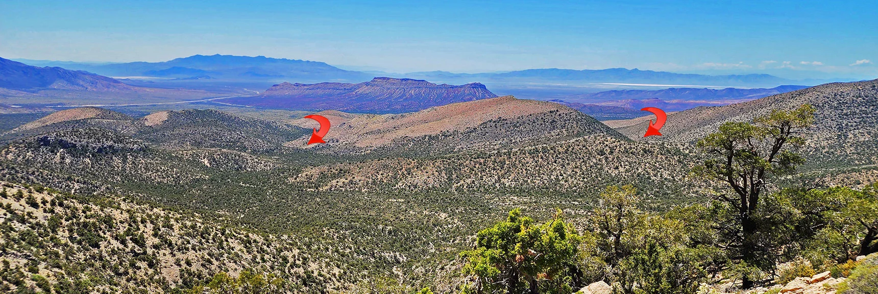 Today's Two Approach Canyons from Lovell Canyon. Right: Approach; Left: Descent | Mt Wilson to Hidden Peak | Upper Crest Ridgeline | Rainbow Mountain Wilderness, Nevada