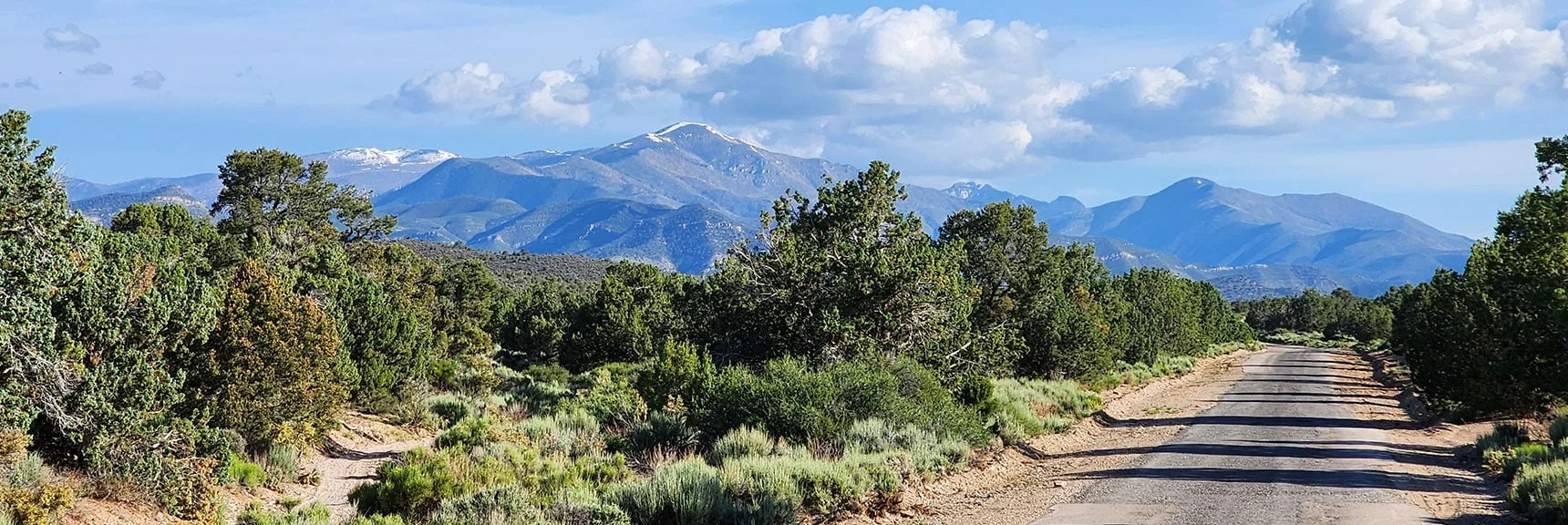 Starting Up Lovell Canyon Road from Campground. Mt. Charleston Wilderness on Horizon | Juniper Peak to Mt. Wilson | Rainbow Mountains Upper Crest Ridgeline, Nevada