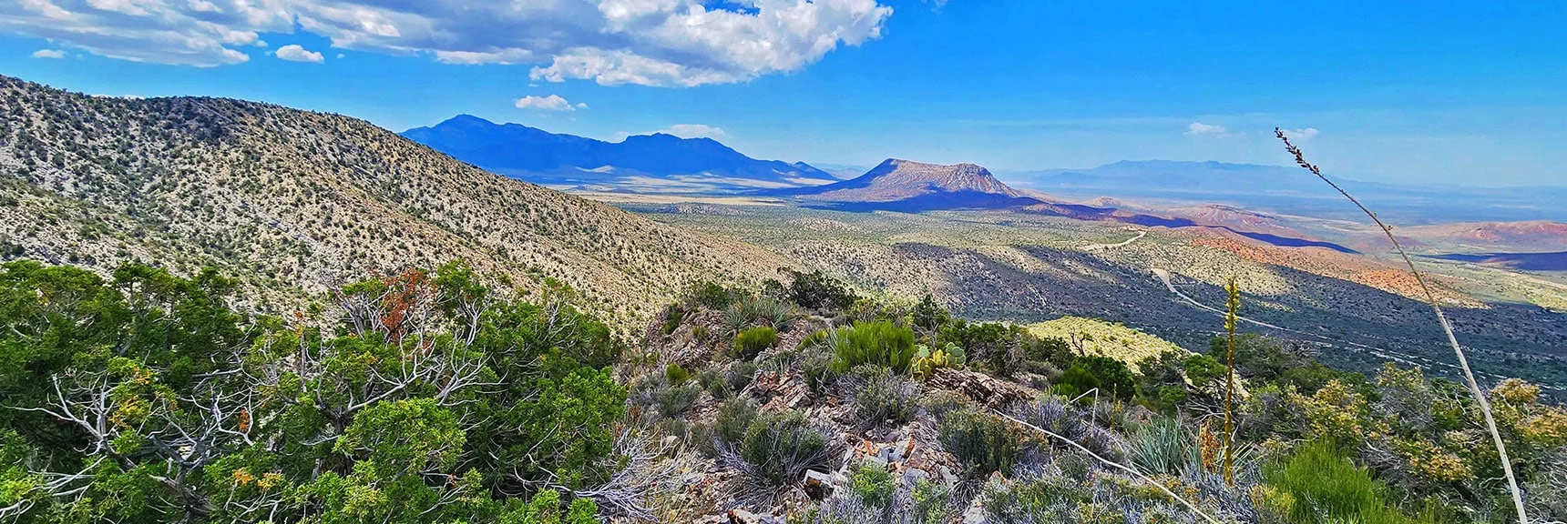 View Back Down Lovell Canyon to Landmark Bluff Start/End Point & Potosi Mt. | Juniper Peak to Mt. Wilson | Rainbow Mountains Upper Crest Ridgeline, Nevada
