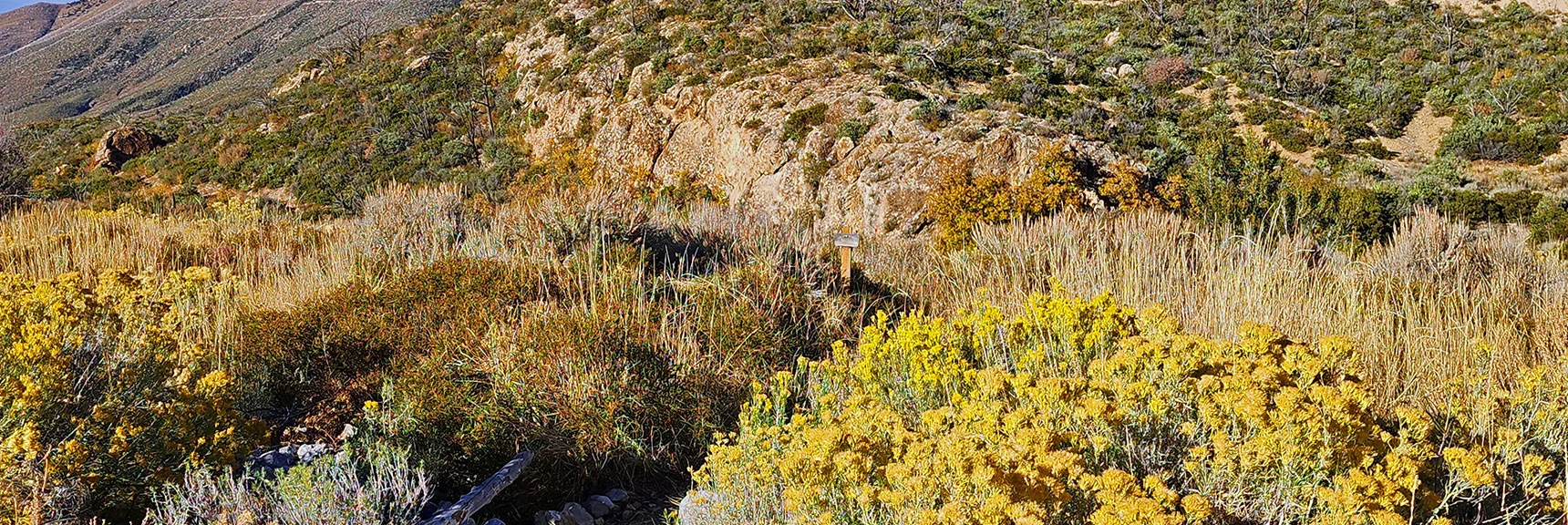 Trail Sign Marks Canyon Crossing Mid Point. View Looking Back Eastward. | Griffith Shadow Loop | Lovell Canyon, Nevada