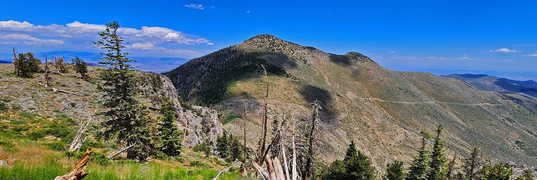 View Back Across the Cliffs to Harris Mt. Note the Straight Line Griffith Peak Trail Below. | Fletcher Canyon Trailhead to Harris Mountain Summit to Griffith Peak Summit Circuit Adventure | Mt. Charleston Wilderness, Nevada