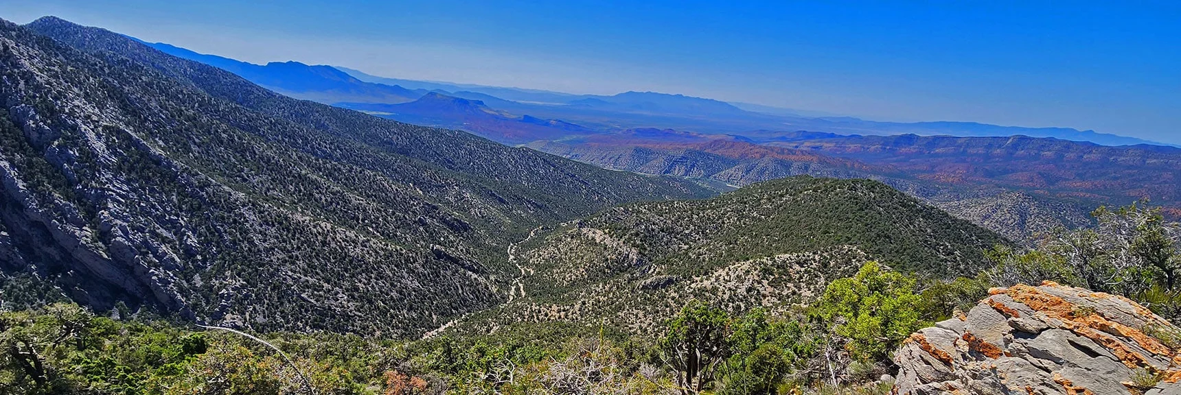 View Back Down Rocky Gap Road to Lovell Canyon. | Red Rock Summit | Lovell Canyon & Rainbow Mountain Wilderness, Nevada