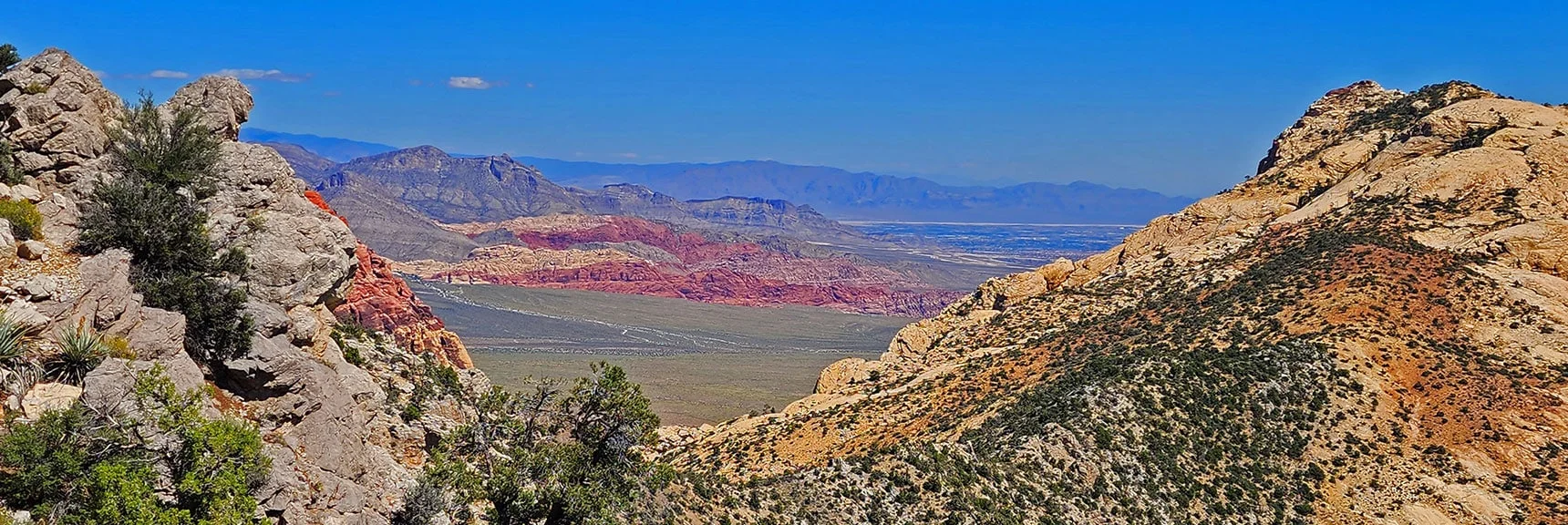 View Through Oak Creek Canyon to Calico Hills, Turtlehead & Damsel Peaks and More. | Mt Wilson to Juniper Peak | Rainbow Mountains Upper Crest Ridgeline | Rainbow Mountain Wilderness, Nevada