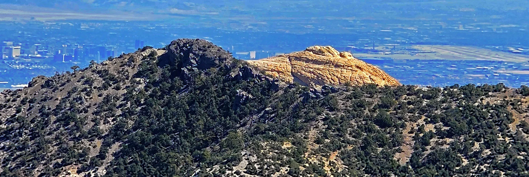 North Peak (left); Bridge Mt. (right), Las Vegas Valley (background). | Red Rock Summit Loop | Wilson Ridge | Lovell Canyon, Nevada