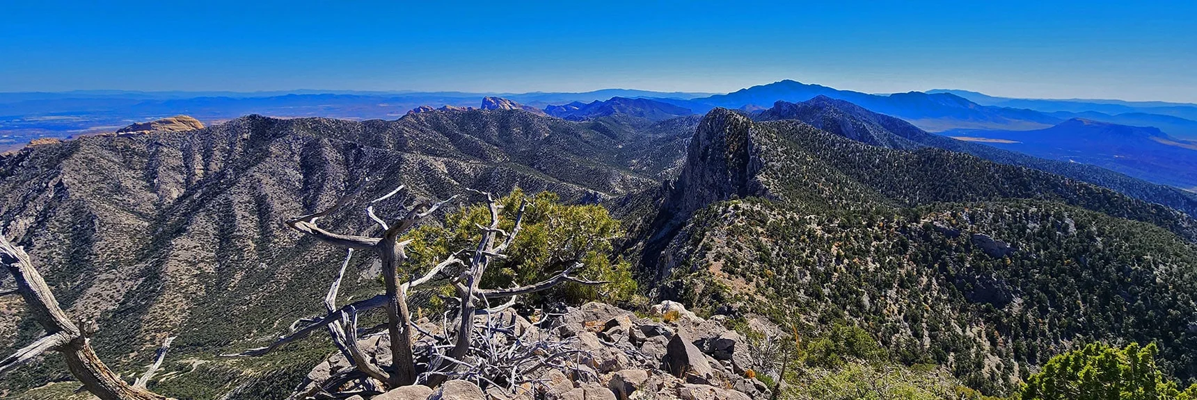 Arrival on Pinnacle! Rainbow Mts. Ridgeline (left); Wilson Ridgeline (right). Potosi Mt. in Distance. | Mini Matterhorn Pinnacle | Wilson Ridge | Lovell Canyon, Nevada
