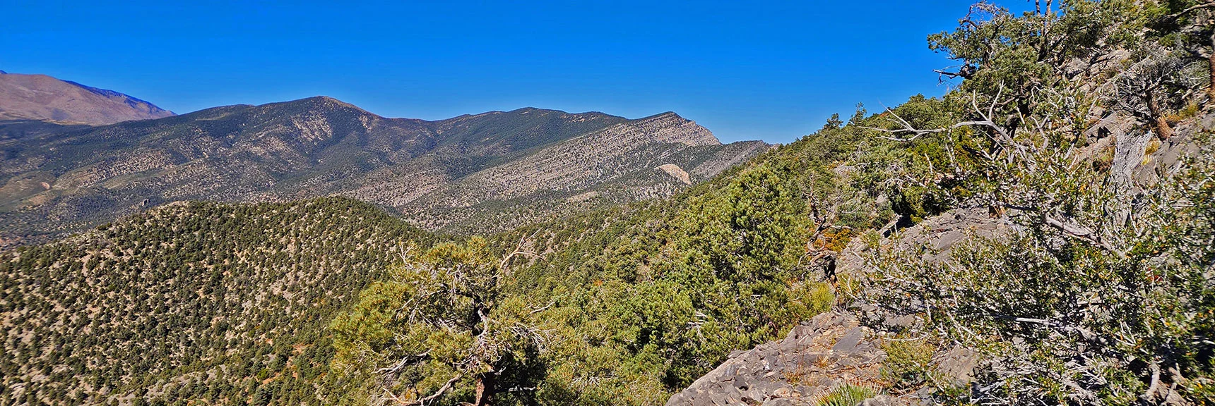 Wilson Ridgeline North to Its South High Point. Prominent Ledge Marks La Madre Ridgeline | Mini Matterhorn Pinnacle | Wilson Ridge | Lovell Canyon, Nevada