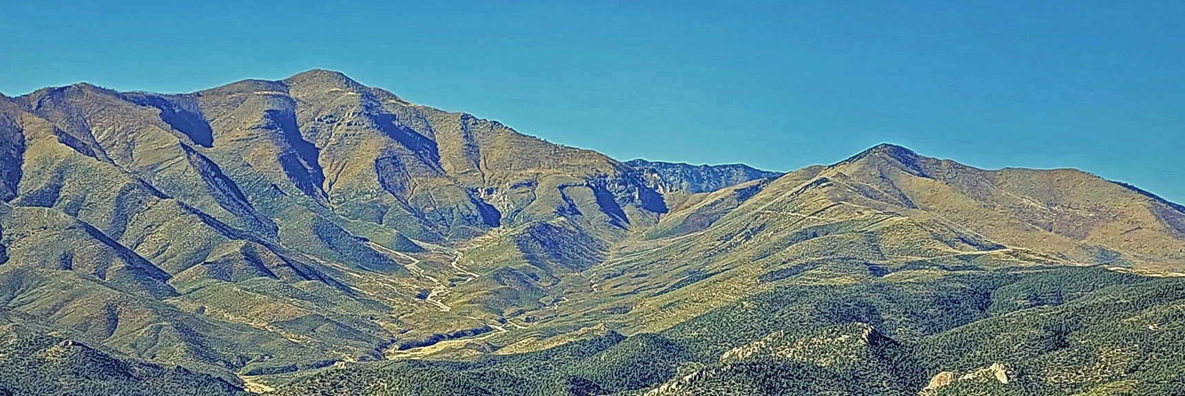 Upper Lovell Canyon from Torino Ranch to Griffith Peak, Harris Mt., North Kyle Canyon Ridge Seen Through Saddle. | Mini Matterhorn Pinnacle North Twin | Wilson Ridge | Lovell Canyon & Rainbow Mountains, Nevada