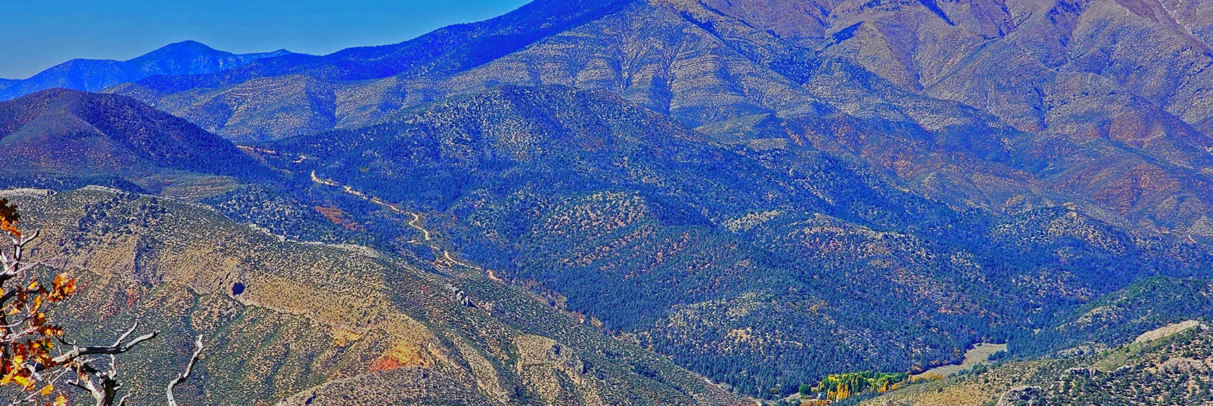 View Down to Lovell Summit Road from Lovell To Trout Canyon | Mini Matterhorn Pinnacle North Twin | Wilson Ridge | Lovell Canyon & Rainbow Mountains, Nevada