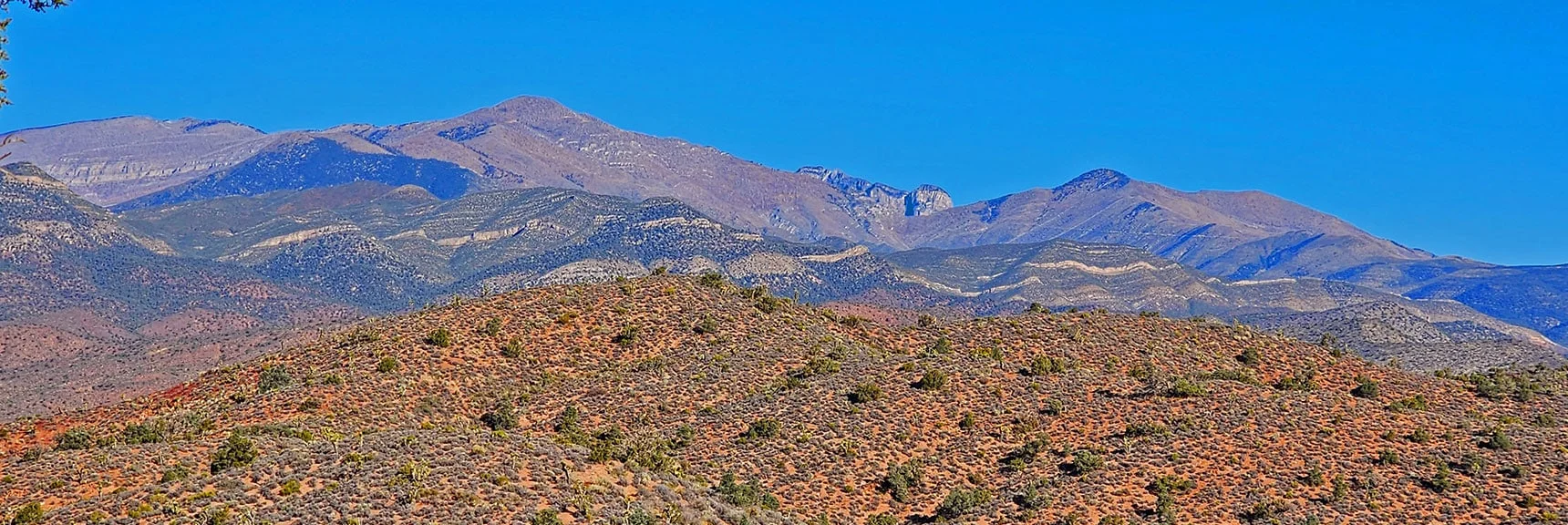 Closer View of Griffith Peak (left) Mummy Mt. (middle) Harris Mt. (right). | Landmark Bluff Circuit | Lovell Canyon, Nevada