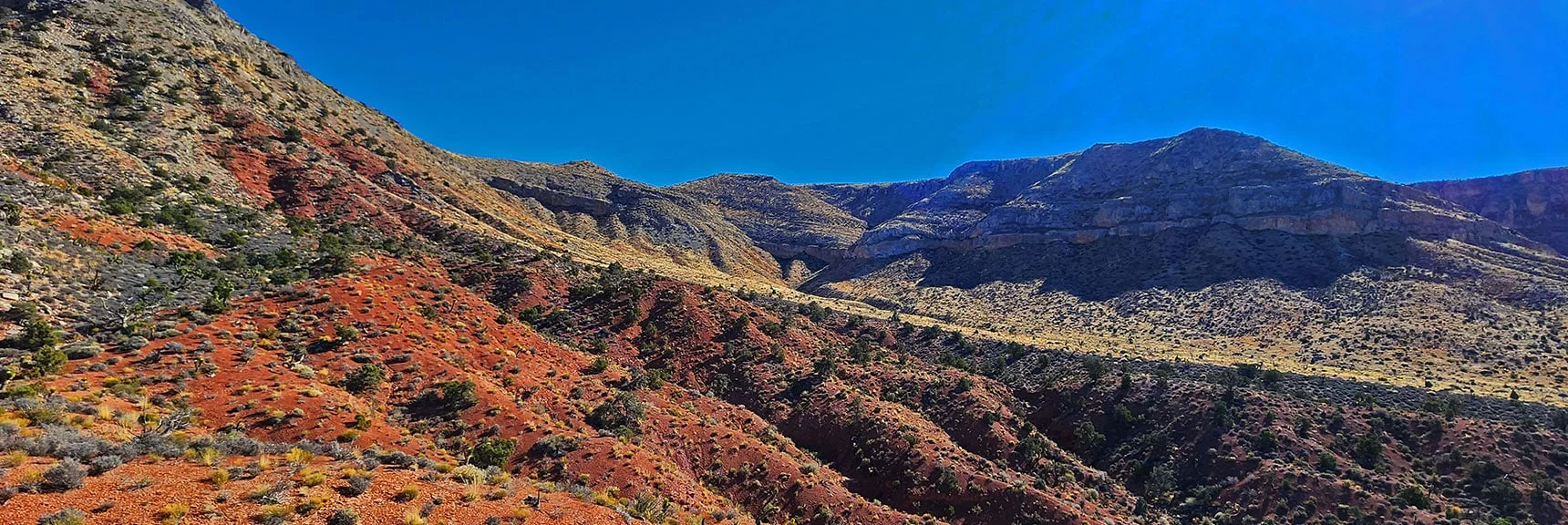 Closer Look into First North Canyon. Surrounded by Vertical Walls. A Few Summit Possibilities. | Landmark Bluff Circuit | Lovell Canyon, Nevada