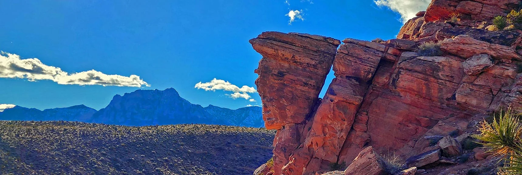 Rock Ledge Impossibly Hangs in Position. Mt. Wilson to Left. | Lower Calico Hills Loop | Calico Basin & Red Rock Canyon, Nevada