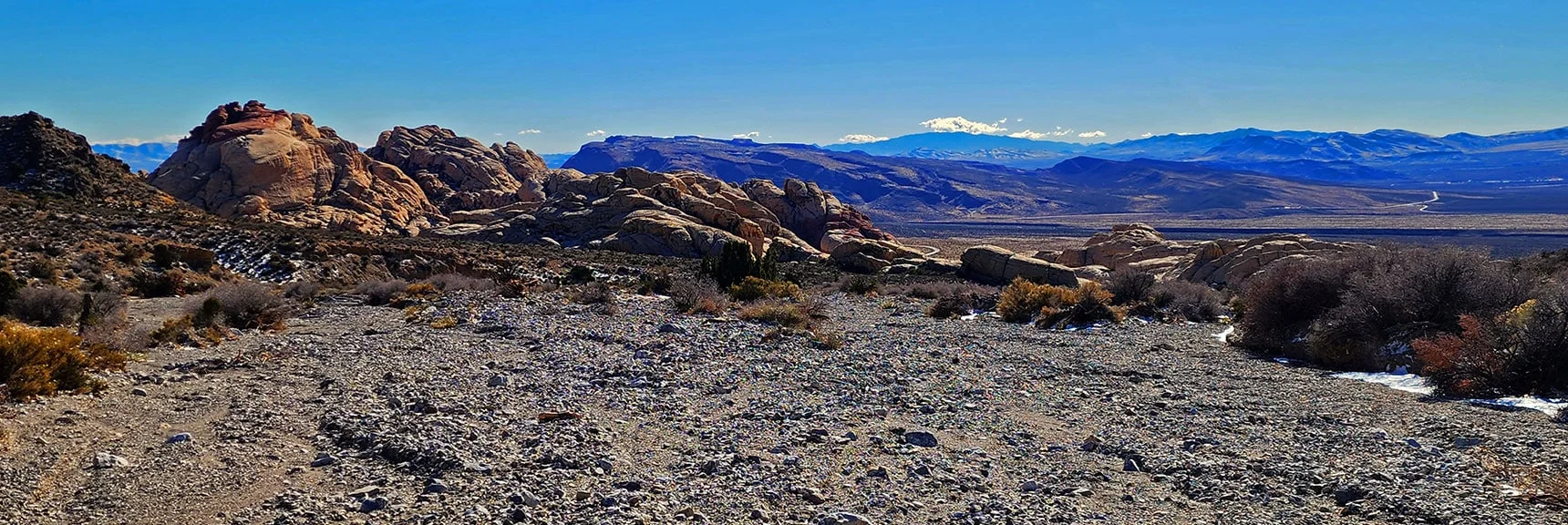 View Back Down Wash to Calico Hills. Blue Diamond Hill Far Background. | 3 Basin Circuit | Calico Basin, Brownstone Basin, Red Rock Canyon, Nevada