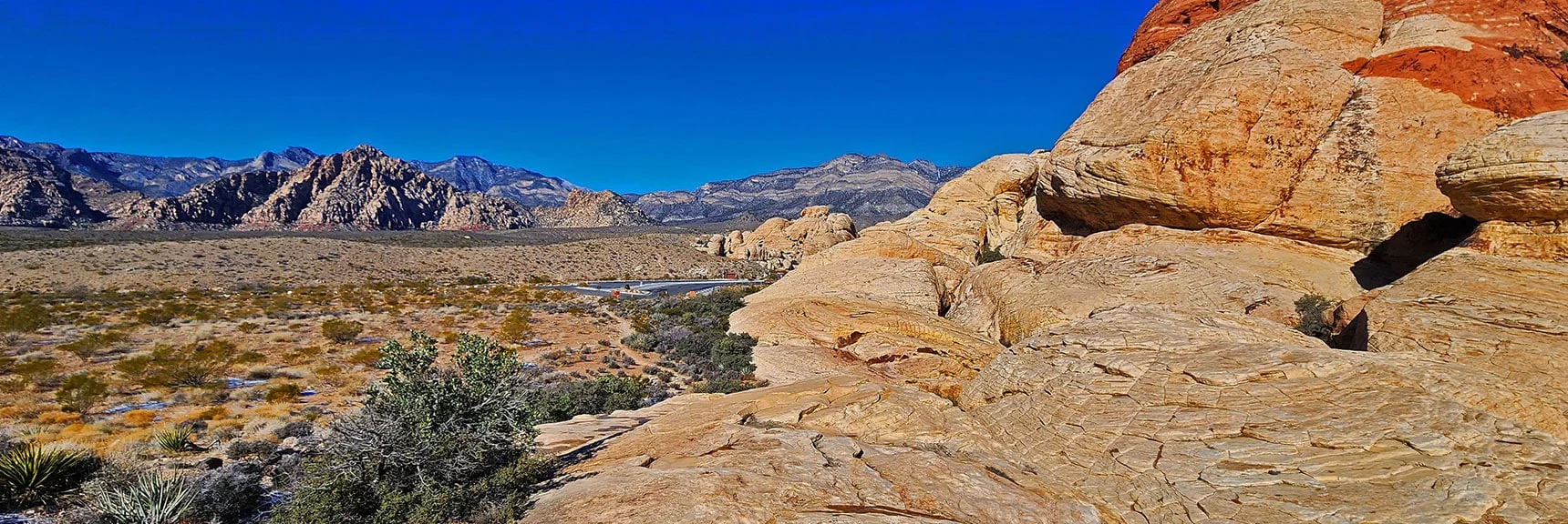 Descending Toward Sandstone Quarry. Scenic Drive Closed Due to Snow on Hills | 3 Basin Circuit | Calico Basin, Brownstone Basin, Red Rock Canyon, Nevada