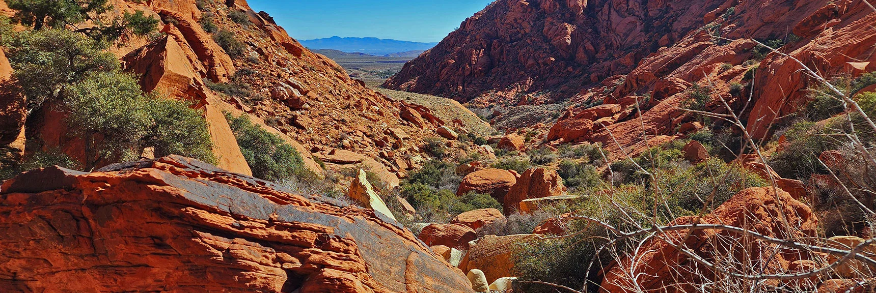 Canyon's Lower Opening Ahead. Will Exit onto Low Ridge to Left | Pink Goblin Loop | Calico Basin, Nevada