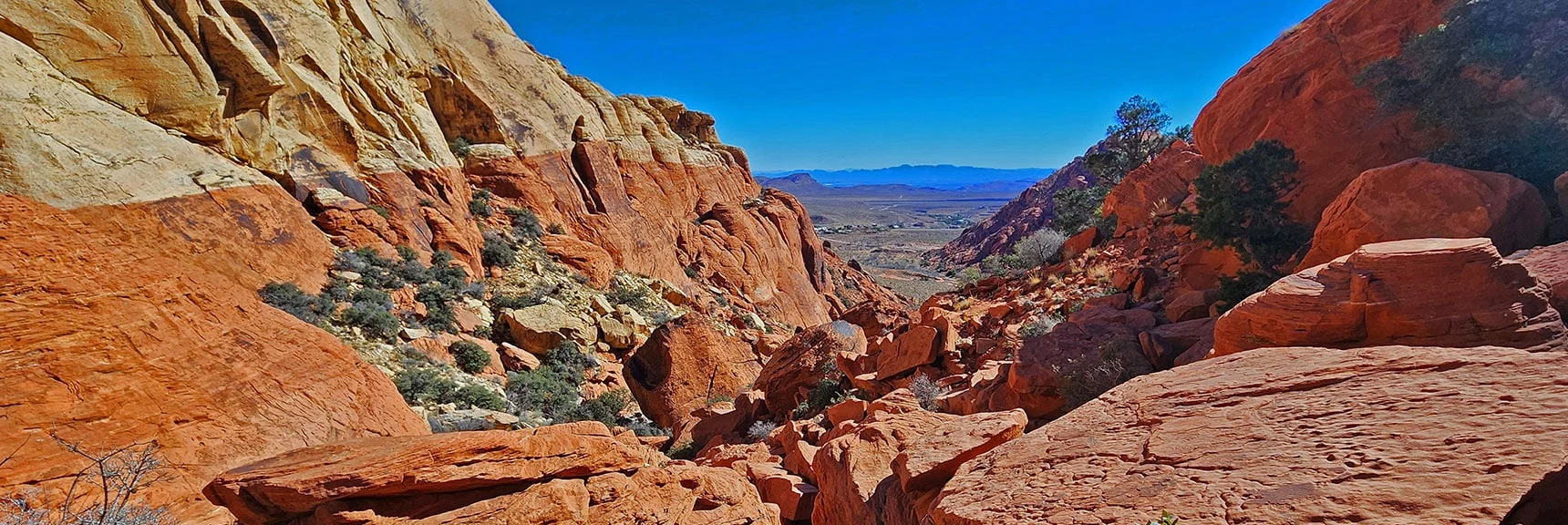 Strategy: Descend Along Upper Right Side of Canyon to Avoid Boulders Below. | Pink Goblin Loop | Calico Basin, Nevada