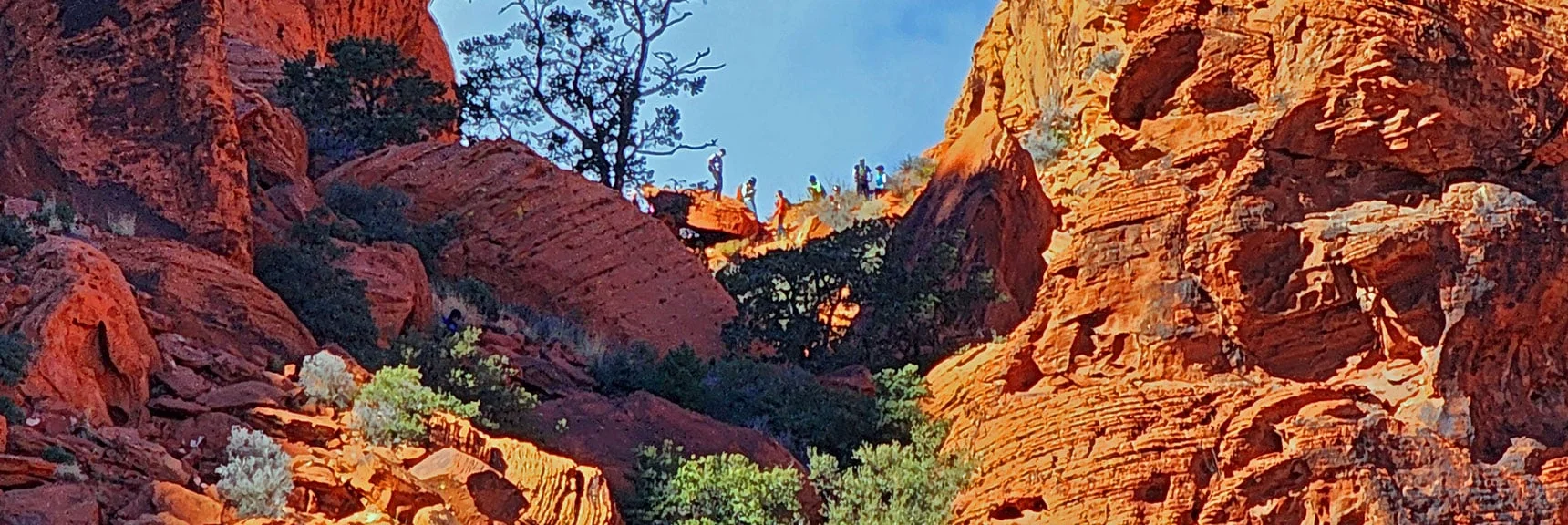 Hikers at Black Corridor Summit View Both Calico Basin and Red Rock Canyon | Calico Basin Daily Workout Trails | Calico Basin, Nevada