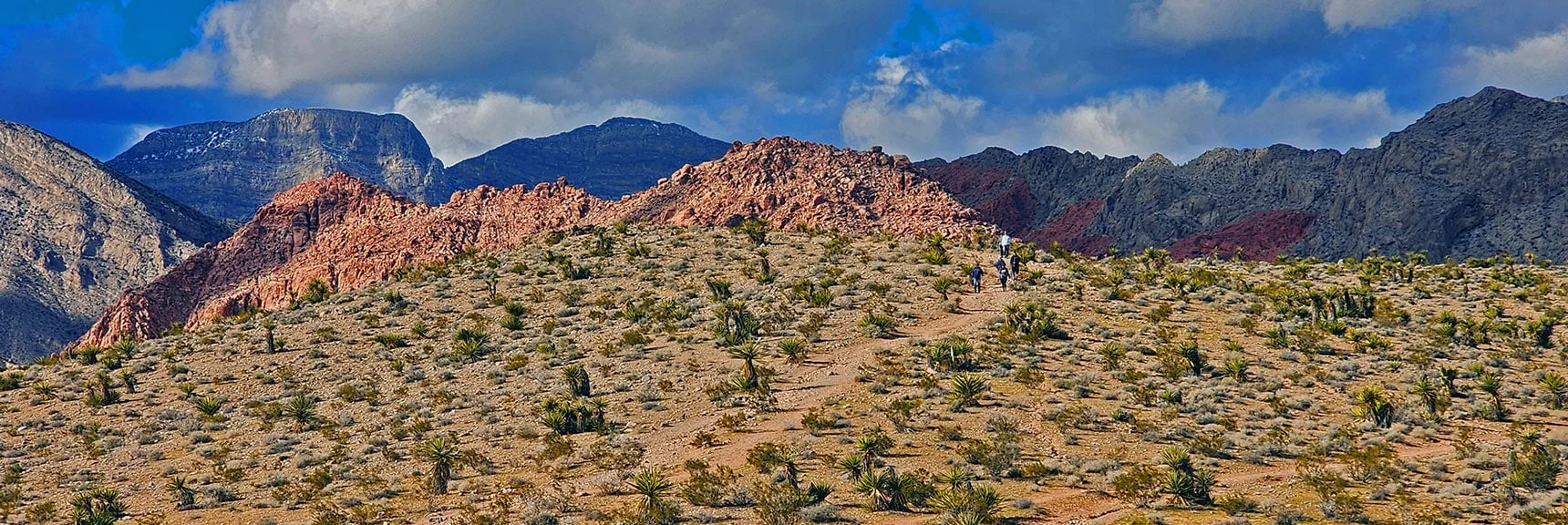Hikers on Gene's Trail Toward Kraft Mt. and Gateway Canyon | Calico Basin Daily Workout Trails | Calico Basin, Nevada
