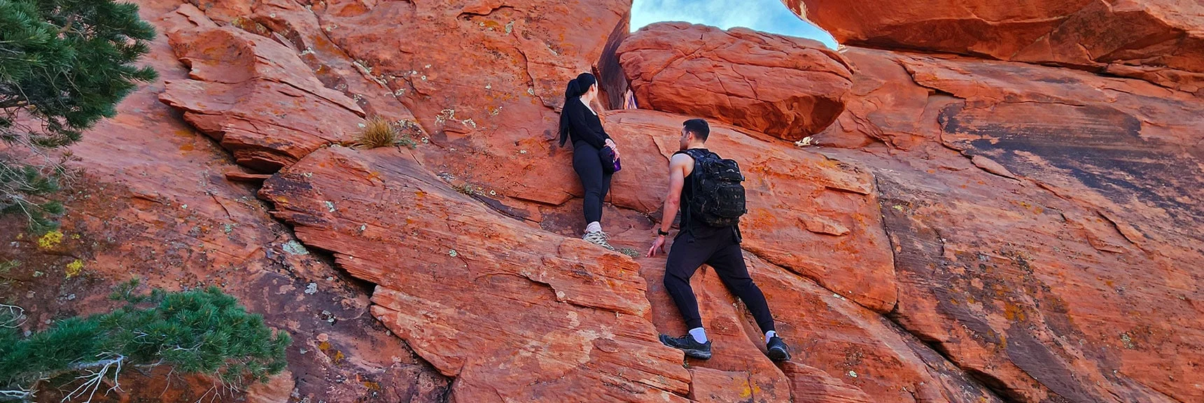 Ascending Trickiest Cliff Through Hole to Left of Boulder, Then Plateau Below Summit. | Red Cap Peak Summit | Red Rock Canyon NCA, Nevada