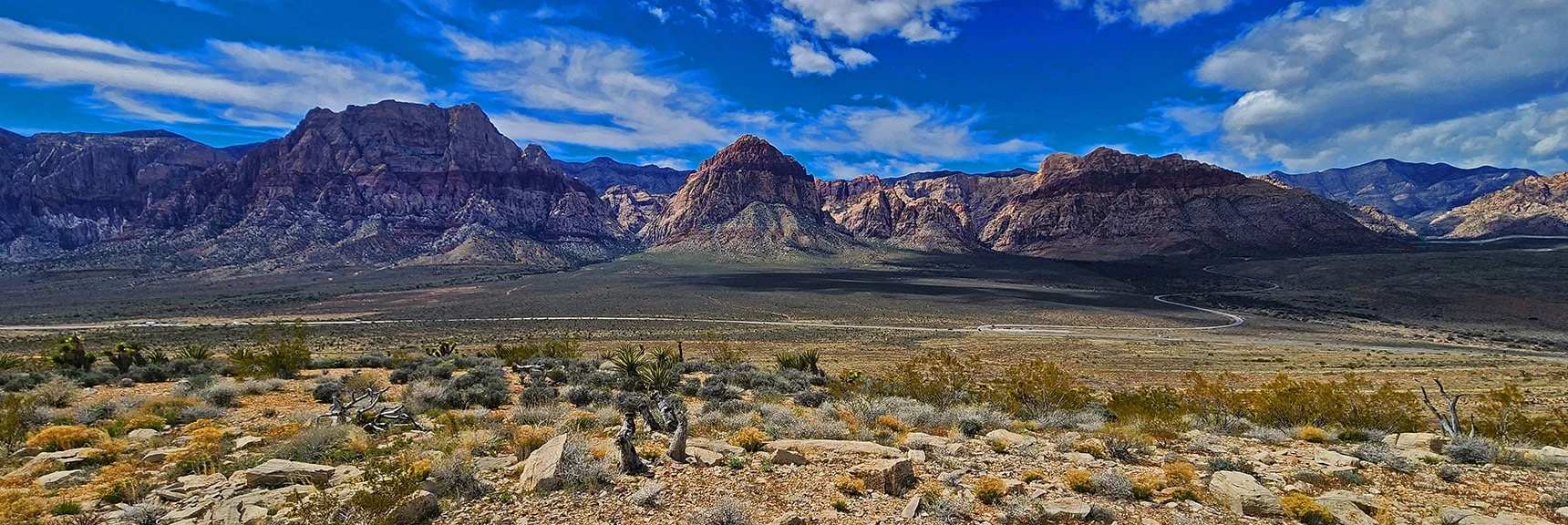 Right to Left: Bridge, Juniper, Rainbow, Wilson Peaks; Red Rock Scenic Drive. | Western High Ridge | Blue Diamond Hill, Nevada