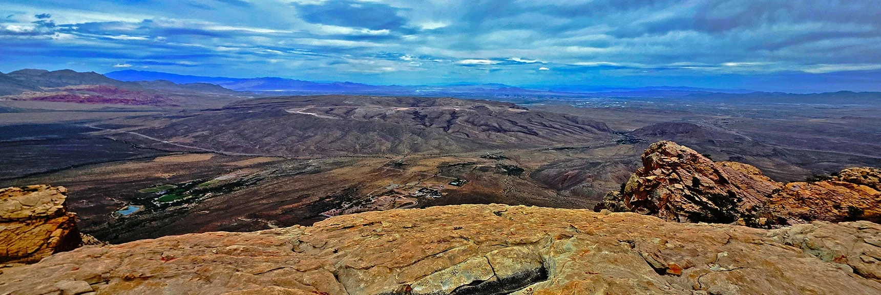 NE: Bonnie Springs (R), Spring Valley Ranch (L), Blue Diamond Hill (beyond). | Monument Peak Summit | Rainbow Mountain Wilderness, Nevada
