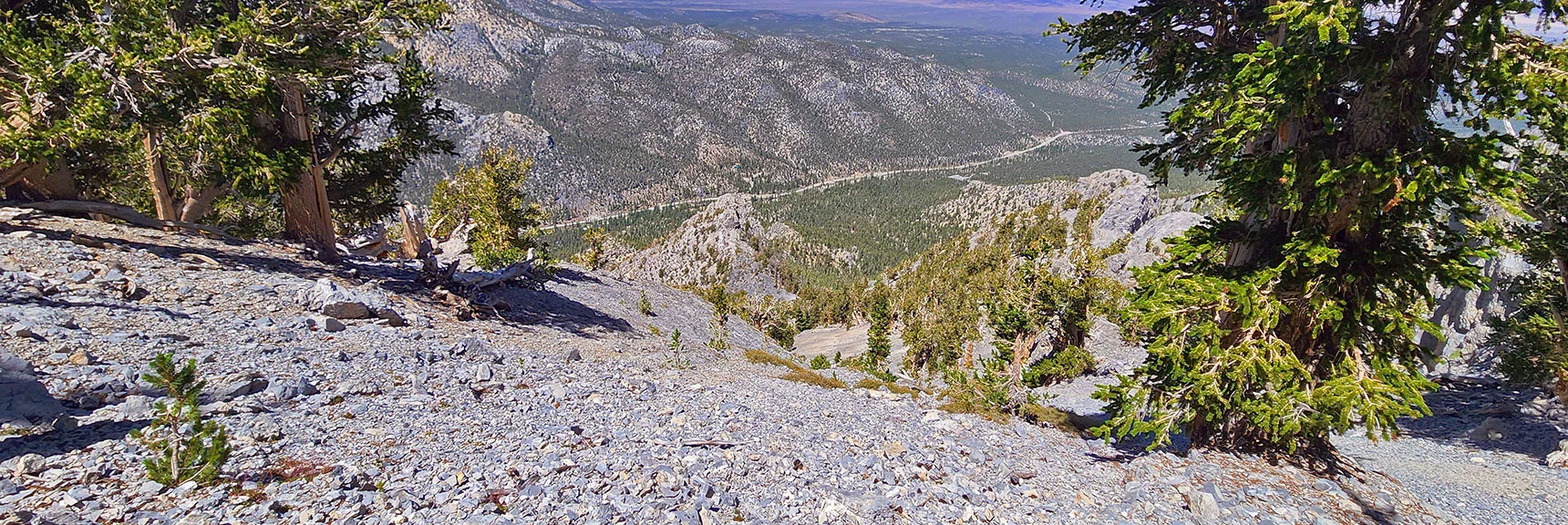 View Down and Across Lee Canyon from Base of the Summit Cliff | Mummy's Nose Final Summit Approach from Deer Creek Road | Mt. Charleston Wilderness, Nevada