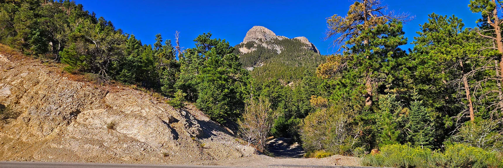 Both Summits from Trailhead. Approach is Up Tree Band & Around Right Side of Large Summit. | Mummy's Nose Final Summit Approach from Deer Creek Road | Mt. Charleston Wilderness, Nevada