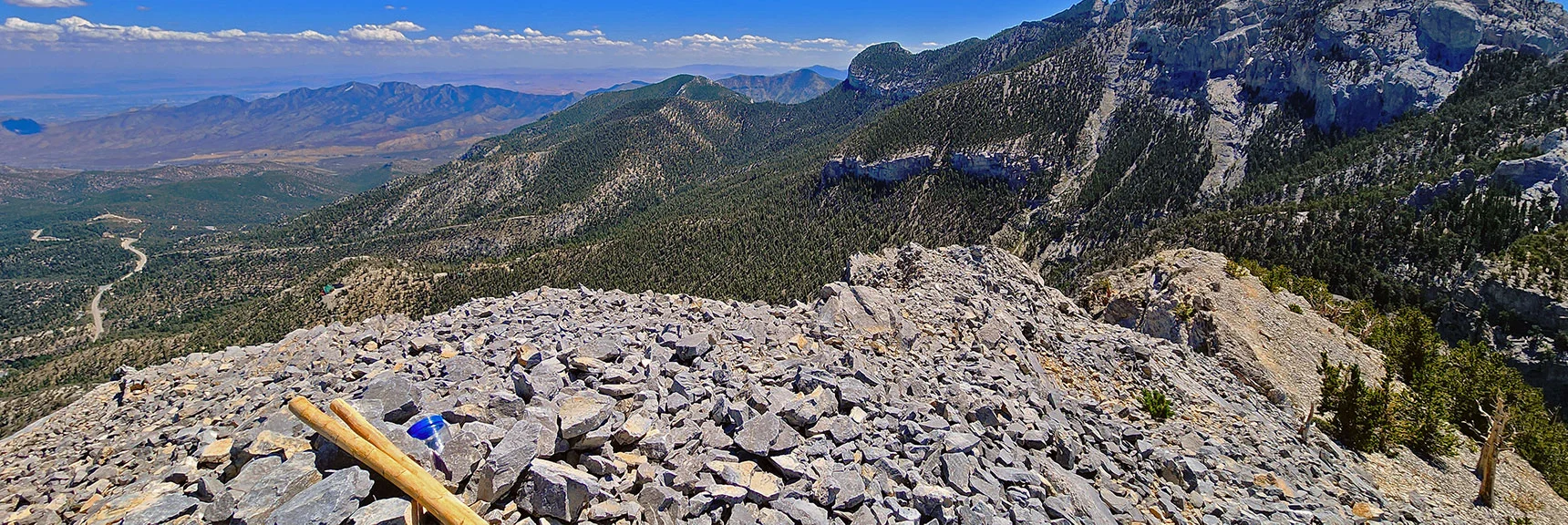 Mummy's Nose Summit Marker. Fletcher Peak & La Madre Mts. Background | Mummy's Nose Final Summit Approach from Deer Creek Road | Mt. Charleston Wilderness, Nevada