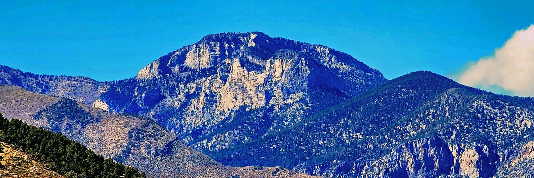 Mummy Mt. Cliffs (left). Smaller Forested Fletcher Peak (right). | La Madre Ridgeline Grand Crossing | La Madre Mountains Wilderness and Red Rock Canyon NCA, Nevada