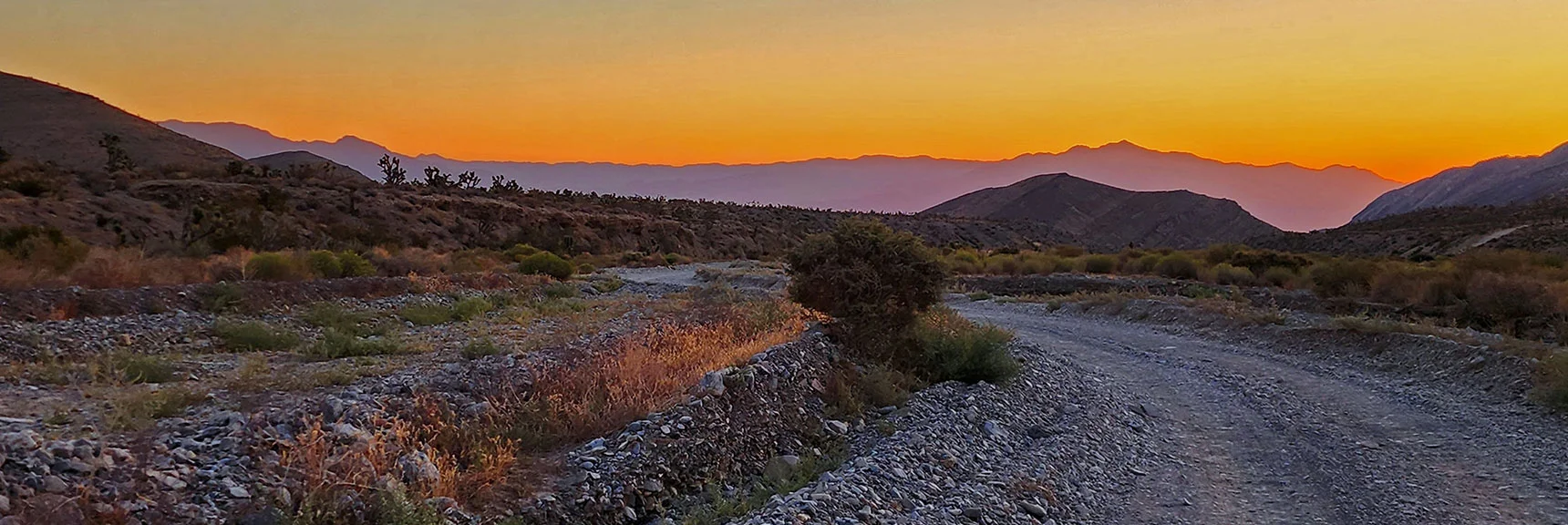 View Down Harris Springs Road Toward Gass Peak at Sunrise | La Madre Ridgeline Grand Crossing | La Madre Mountains Wilderness and Red Rock Canyon NCA, Nevada