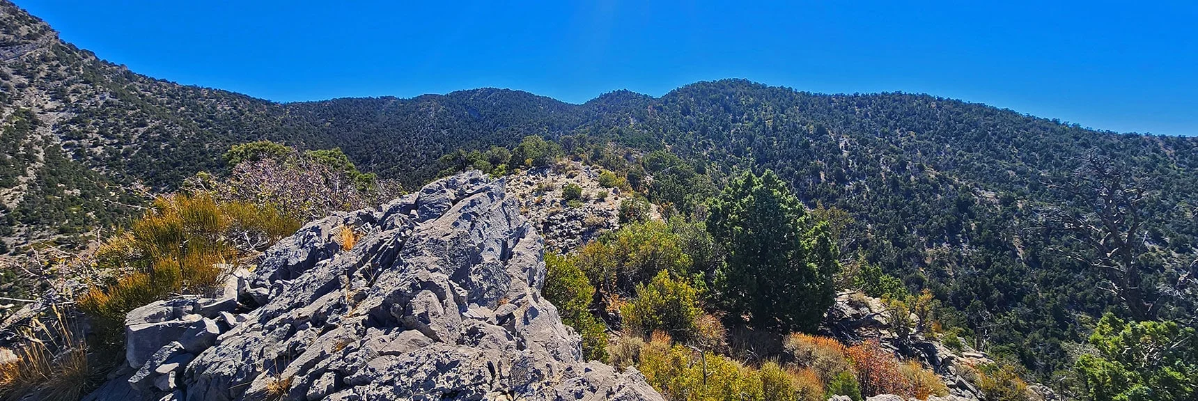 View Up Approach Ridge to Where it Meets La Madre Ridgeline Ahead | La Madre Ridgeline Grand Crossing | La Madre Mountains Wilderness and Red Rock Canyon NCA, Nevada