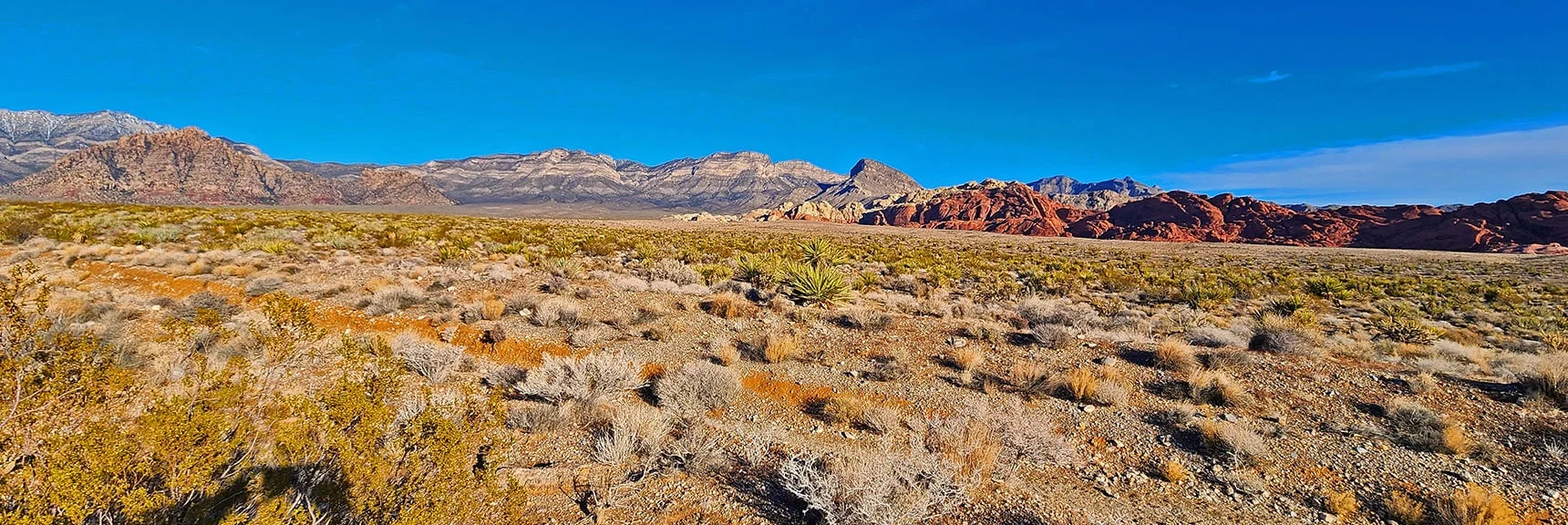 View Back to La Madre Ridgeline While Descending Grand Circle Loop Trail. | La Madre Ridgeline Grand Crossing | La Madre Mountains Wilderness and Red Rock Canyon NCA, Nevada