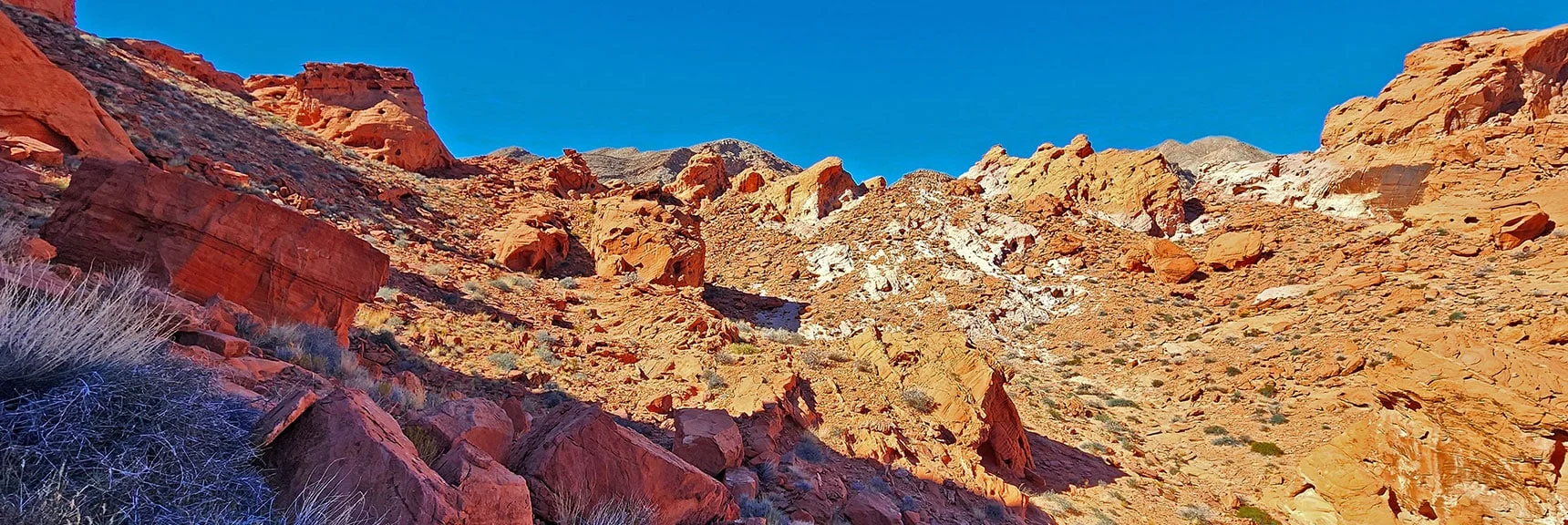 View Across SE Bowl. Horse Collar Arch Located on Middle Ridgeline (Center) | Bowl of Fire SE Detailed | Lake Mead NRA, Nevada