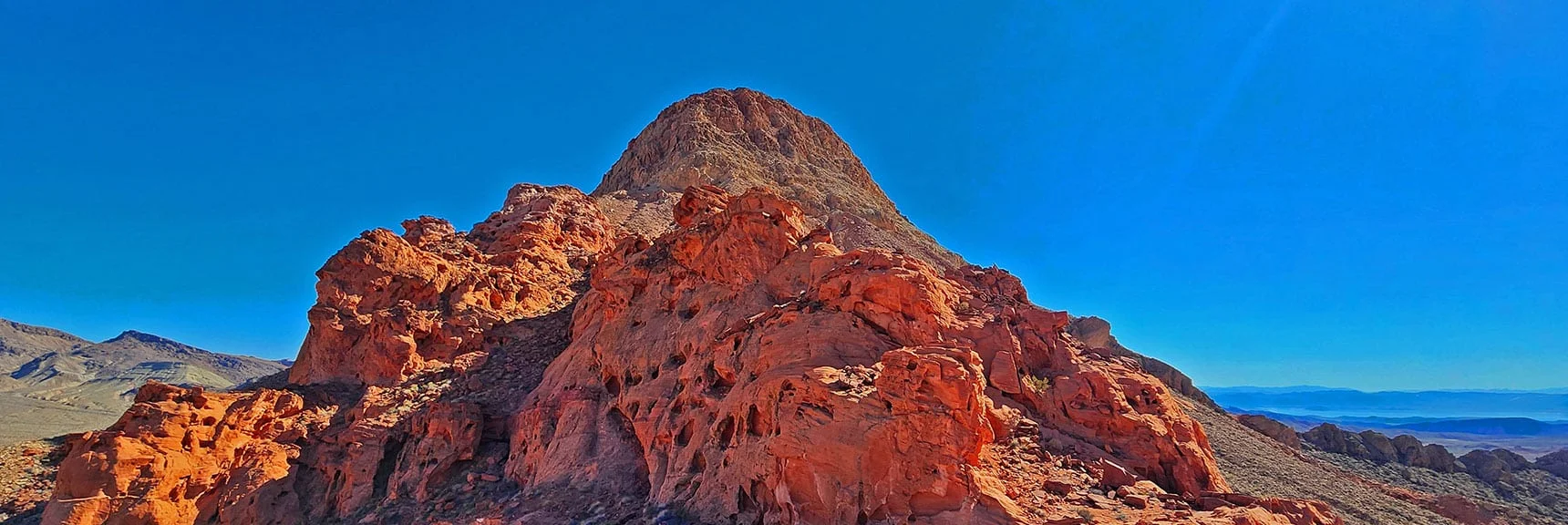 Larger Perspective of Pointy Hill and Sandstone Cliffs Along Base. Lake Mead (right) | Bowl of Fire SE Detailed | Lake Mead NRA, Nevada