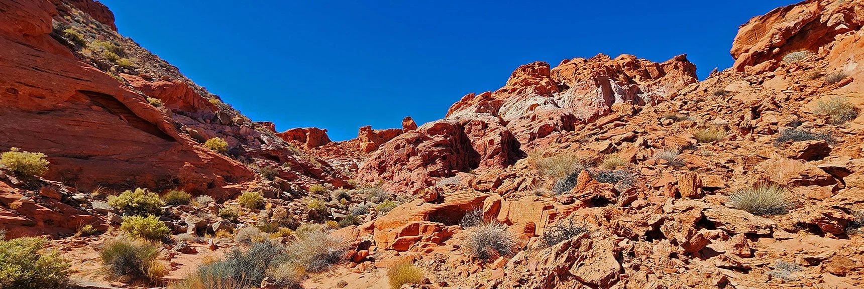 Horse Collar Arch is on Ridgeline (Left Horizon). Continue Above Bowl | Bowl of Fire SE Detailed | Lake Mead NRA, Nevada