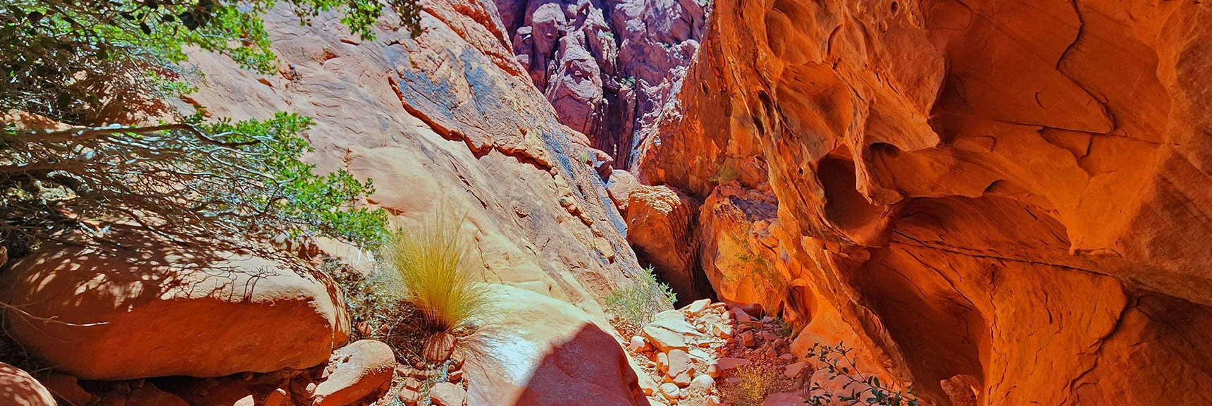 View Down Ascent Gully to Rabbit Hole Just Passed | Calico Tanks from Guardian Angel Pass | Red Rock Canyon NCA, Nevada