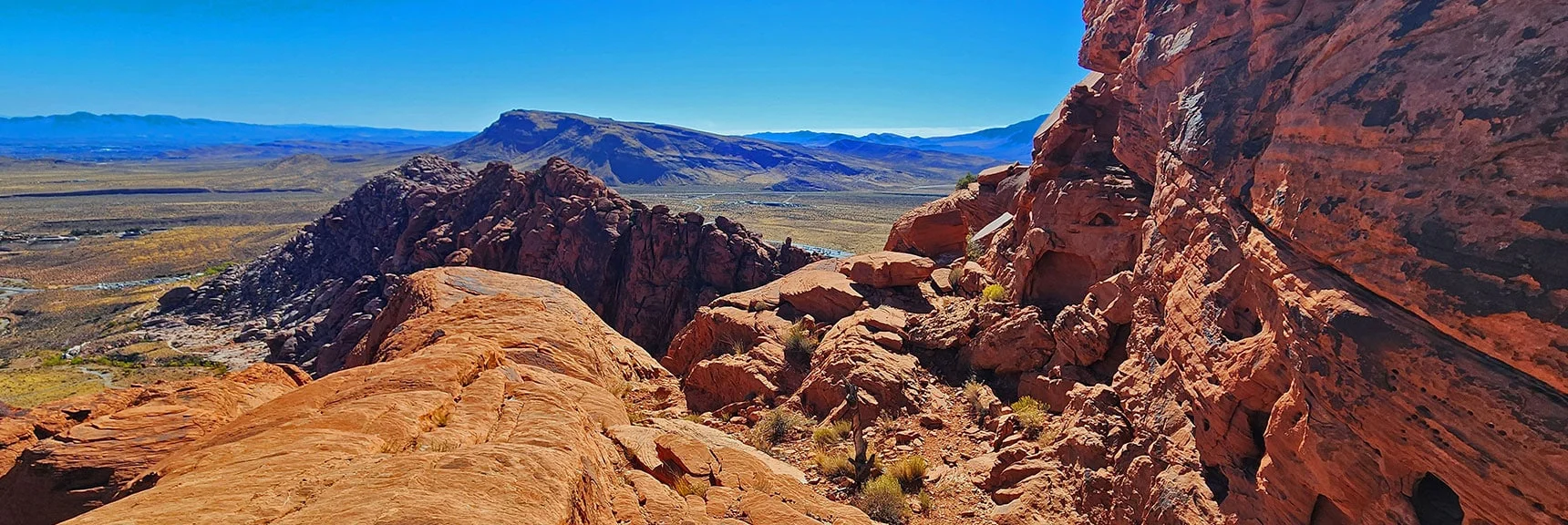 View Back Along Cliff Base. Lower Calico Hills, Blue Diamond Hill Background | Calico Tanks from Guardian Angel Pass | Red Rock Canyon NCA, Nevada