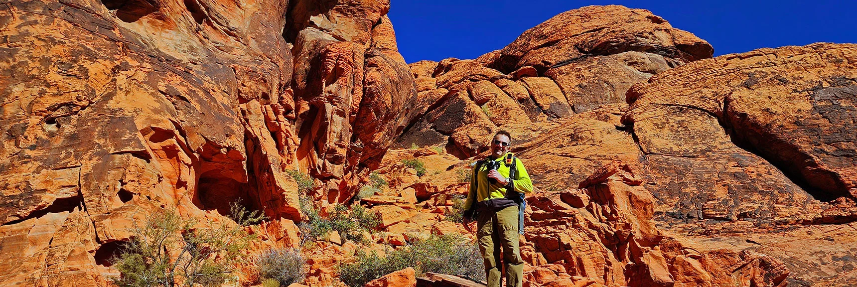 At the Summit Stone, Ascend Gully to the Right Toward Calico Tanks | Calico Tanks from Guardian Angel Pass | Red Rock Canyon NCA, Nevada