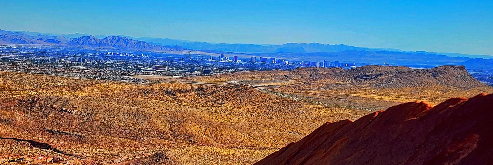 Las Vegas Valley and Strip, Frenchman Mt., Arizona Mt. Wilson Visible. | Calico Tanks from Guardian Angel Pass | Red Rock Canyon NCA, Nevada