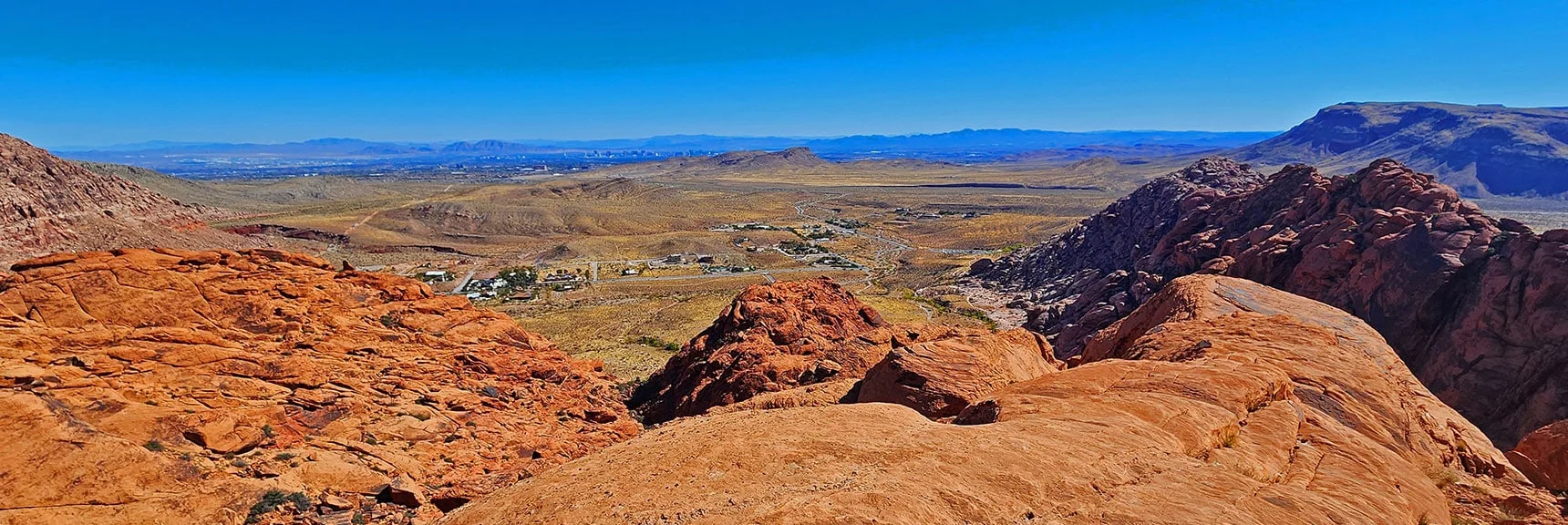 Viewpoint Ledge Looking Down Calico Basin to Red Springs Starting Point | Calico Tanks from Guardian Angel Pass | Red Rock Canyon NCA, Nevada