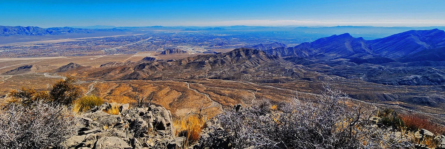 Panning Toward South Vegas Valley. Note Wilderness Contours Below. | Harris Springs Canyon Ridgeline | La Madre Mountains Wilderness, Nevada