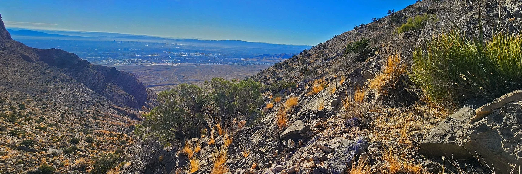 Rapid Ascent Puts Mouth of Canyon Far Below. Vegas Valley Beyond. | Damsel Peak Southeastern Pinnacle Loop | La Madre Mountains Wilderness, Nevada