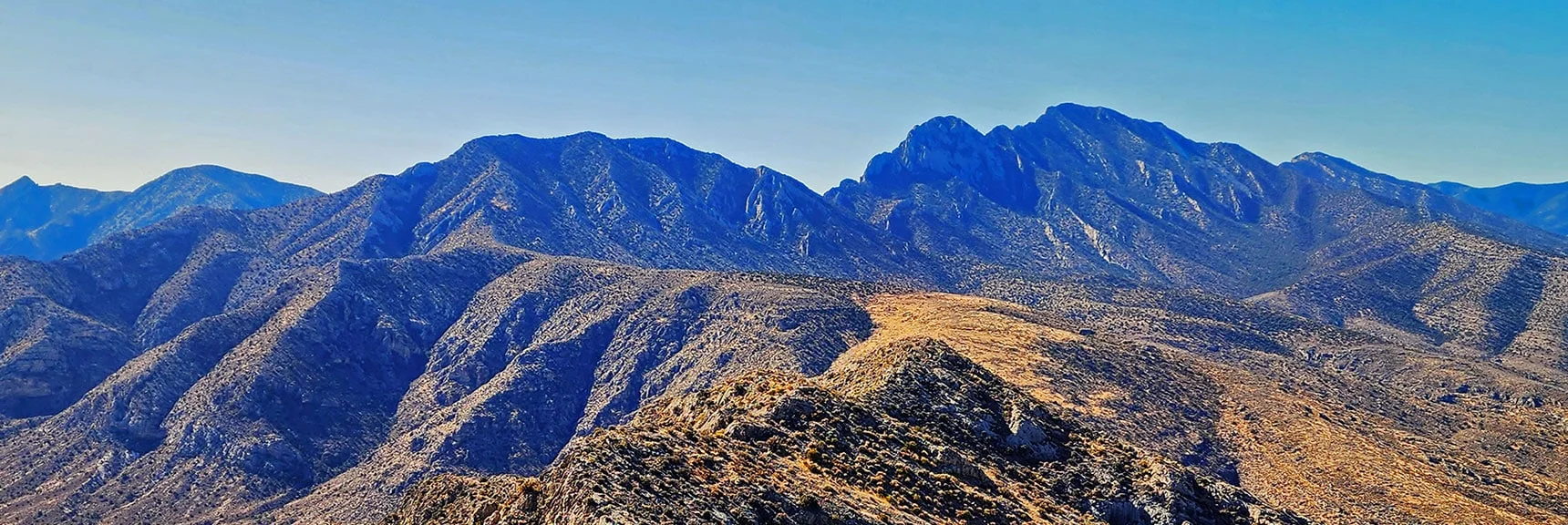 Eastern La Madre Ridgeline Viewed from Peak 6080: East La Madre Peak (left) | East La Madre Peak | La Madre Mountains Wilderness, Nevada