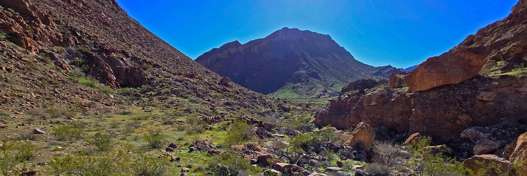 Wash Will Widen and Level Off at Base of Peak 3510 Ahead. | Lonesome Wash Upper Entrance | Eldorado Wilderness, Nevada