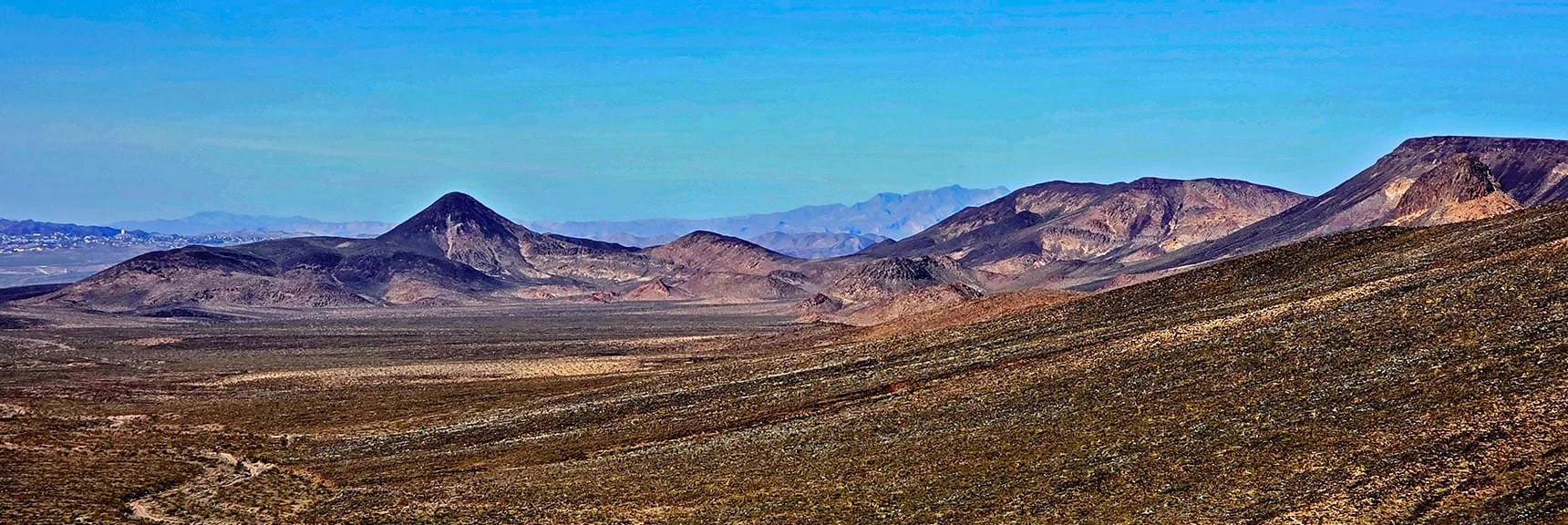 Pilot Mesa (far right) & Pilot Cone During Return | Lonesome Wash Upper Entrance | Eldorado Wilderness, Nevada