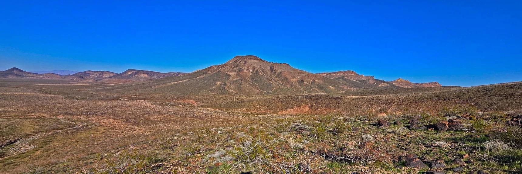 View Back Across Return Route to Peeper Benchmark, to Left of Mohave Overlook. | Lonesome Wash Upper Entrance | Eldorado Wilderness, Nevada