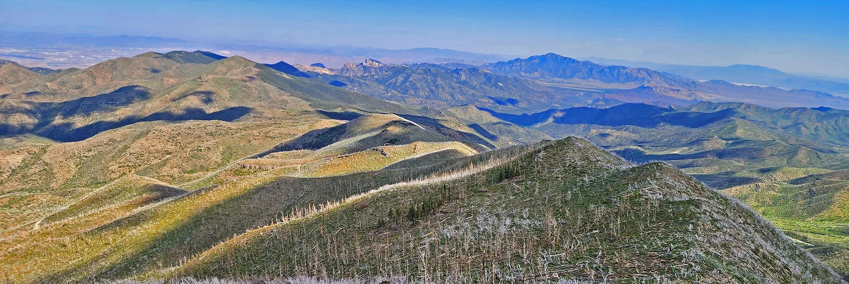 Blue Diamond Hill (R), Red Rock Canyon (Middle), Indecision Peak (L). | Monument Peak Summit | Rainbow Mountain Wilderness, Nevada