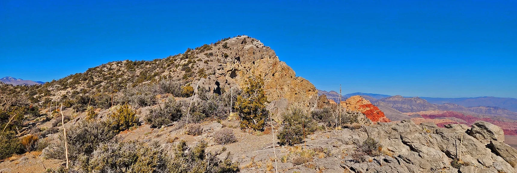 Blue Diamond Hill (R), Red Rock Canyon (Middle), Indecision Peak (L). | Monument Peak Summit | Rainbow Mountain Wilderness, Nevada