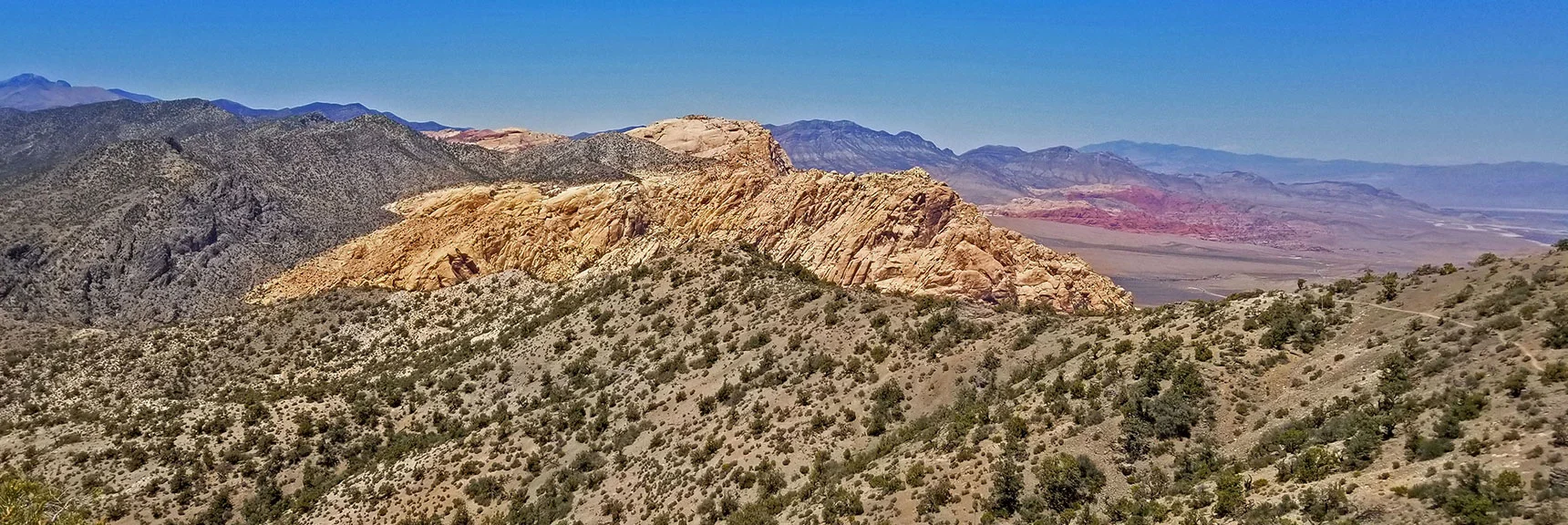 Blue Diamond Hill (R), Red Rock Canyon (Middle), Indecision Peak (L). | Monument Peak Summit | Rainbow Mountain Wilderness, Nevada